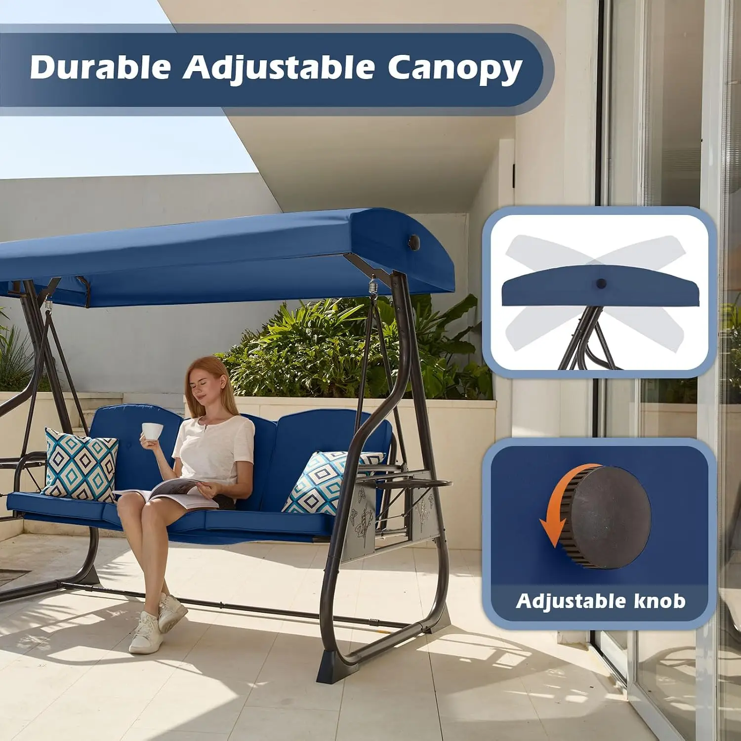 3-Seat Patio Swing w/Stand Canopy Adjustable Backrest Glider Chair Removable Pillows Foldable Tray 800LBS for Garden, Customized