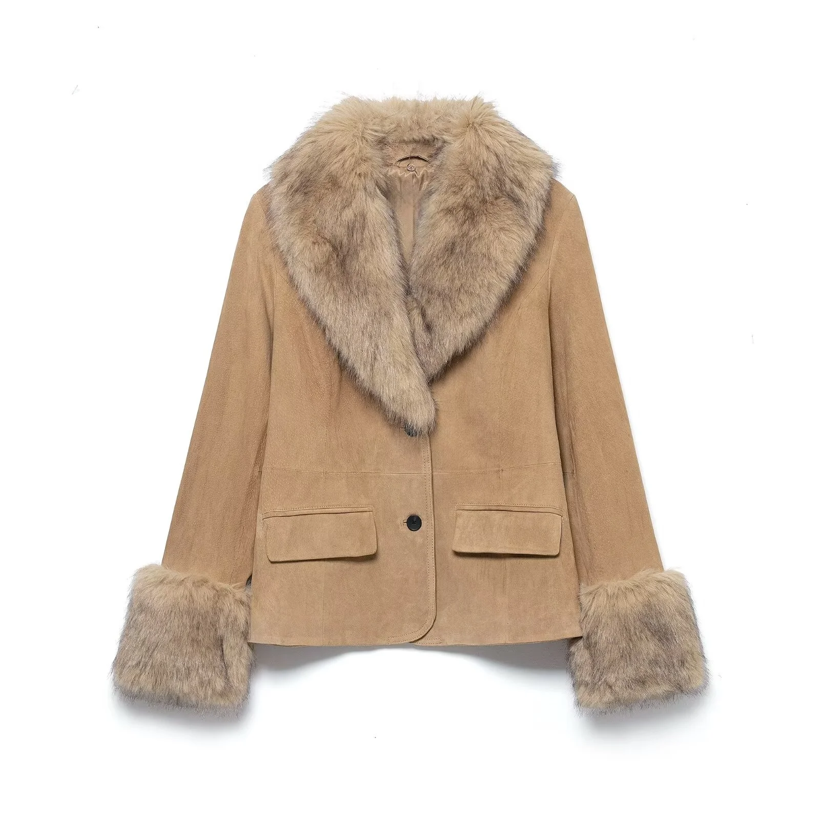 

2025 Winter New Women's Casual Fashion Front Lapel Long Sleeve Slim Fit Faux Fur Effect Suede Leather Suit Jacket