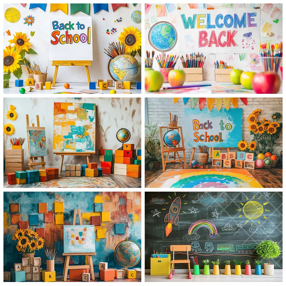 

Kindergarten Back To School Photography Background World Globe Bookshelf Chalkboard Pencil Classroom Children Photo Backdrop