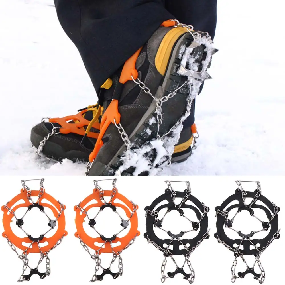 

1 pair Stainless Steel Crampons Cleats Chain Boots Black/Orange Shoe Cover 8 Teeth Steel Ice Gripper Durable Antiskid