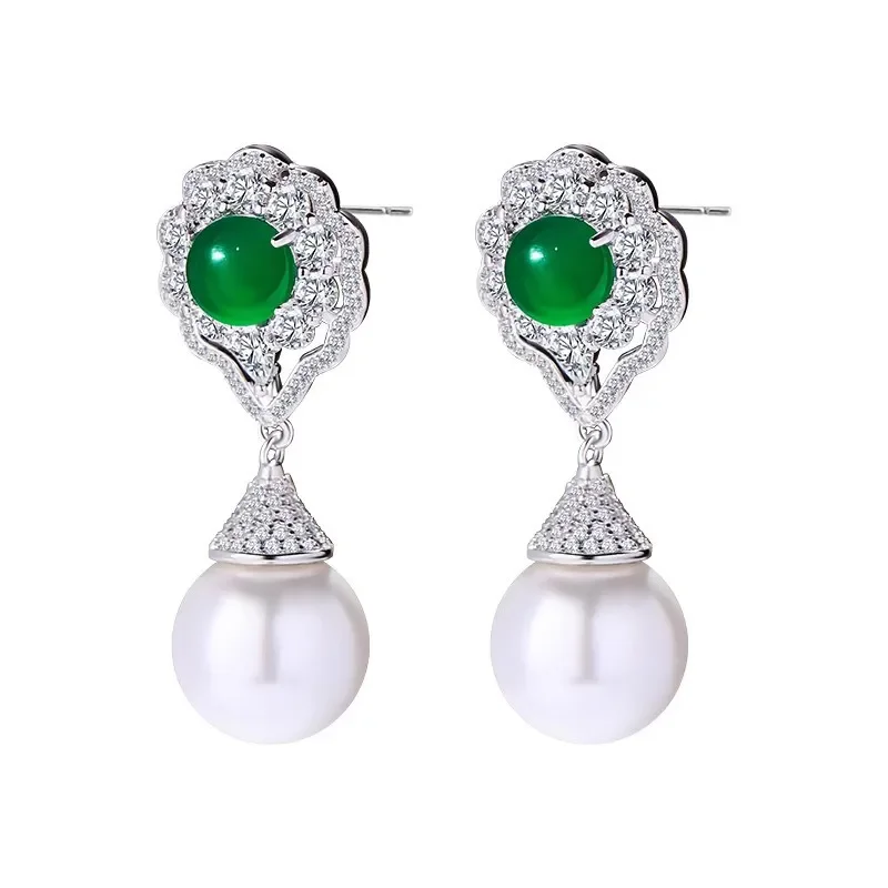 

Elegant Palace Natural Green Jadeite Pearl Pendant Earrings for Women, High Quality Vintage Fashion Jewelry Accessories Gift