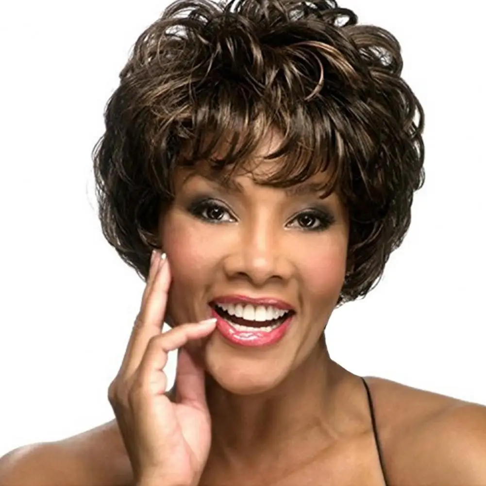 

Short Curly Wig With Bangs Fluffy Natural Looking Silky High Temperature Fiber Middle Aged Ladies Black Synthetic Hair Hairpiece