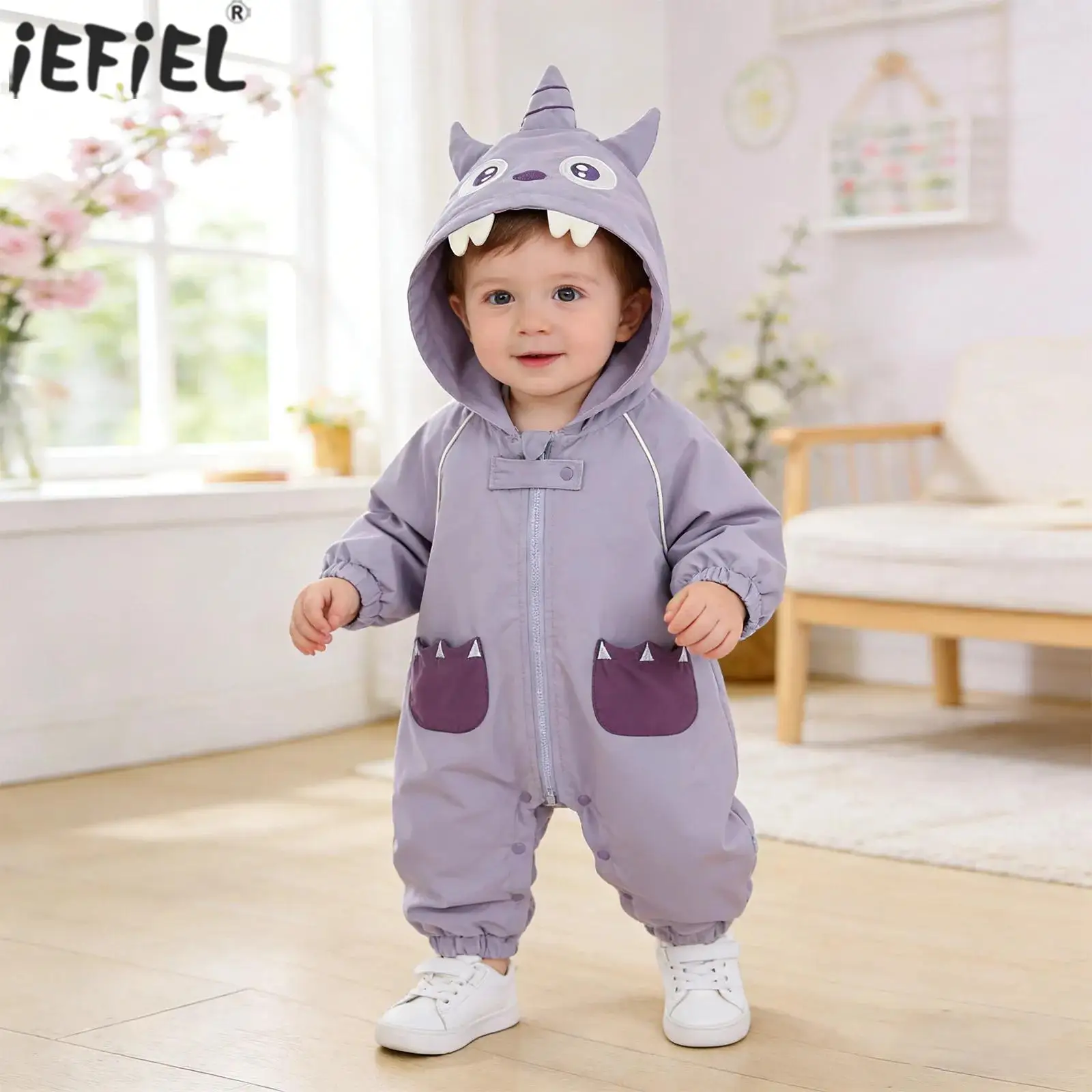 

Baby Boys Girls Cartoon Animal Hooded Coverall Rompers Long Sleeve Zipper Jumpsuit with Pockets for Outdoor Camping Outing