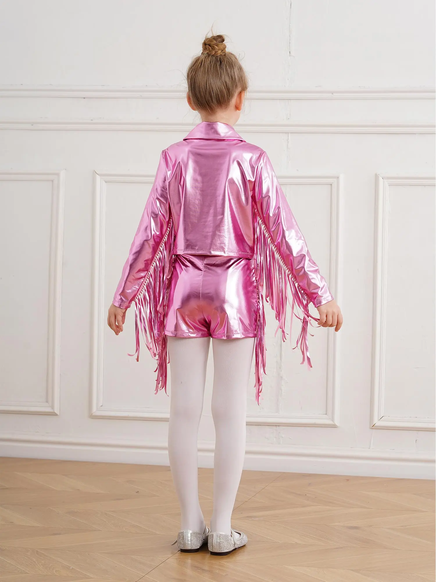 Crianças meninas borlas metálico jazz dança outfits manga longa zíper franja jaqueta com shorts festa escolar desempenho streetwear