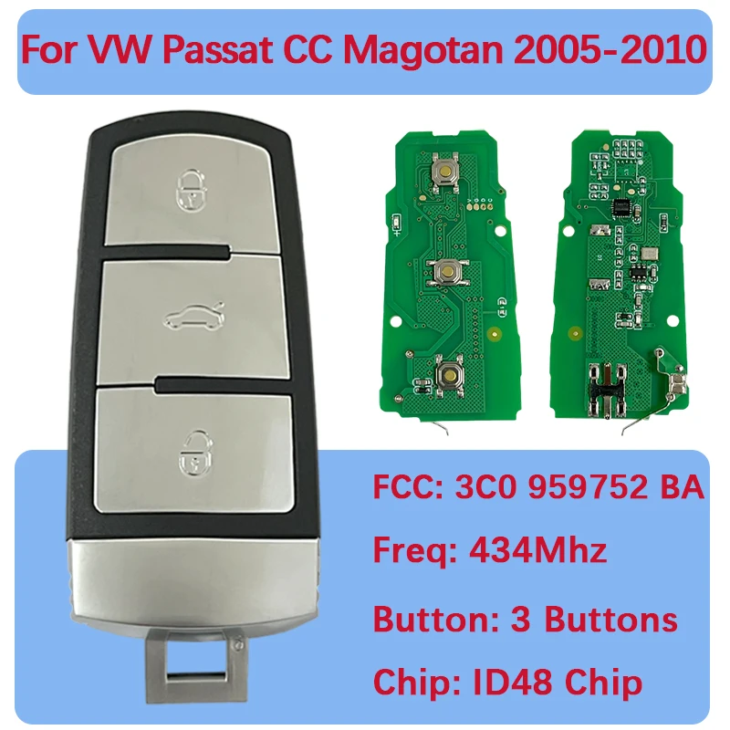 

CN001017 Запасной смарт-ключ с 3 кнопками, чип ID48, 434 МГц, для VW Passat CC Magotan 2006-2012, FCC 3CO 959 752 BA