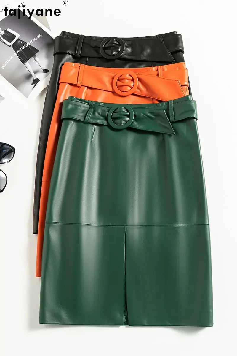 Tajiyane 100% تنورة جلدية أصلية للنساء 2023 تنانير أنيقة عالية الخصر موضة كورية من جلد الغنم الحقيقي تنورة جلدية متوسطة الطول