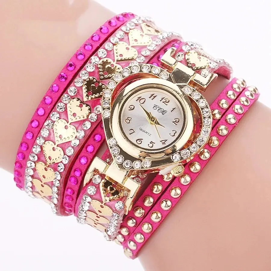 Luxury Women Heart Dial Shiny Design Quality Women Quartz Watch Fashion Rhinestone Bracelet Wrap Strap Women Watch Gifts