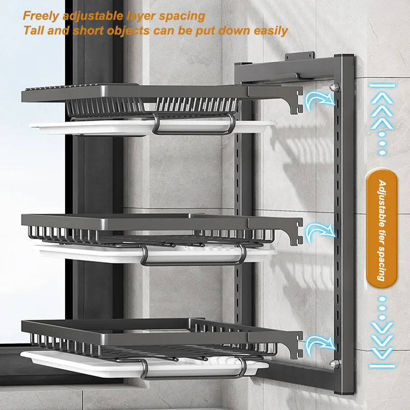 2 Layer Kitchen Dish Rack Wall Mounted Multifunctional Storage Rack No-hole Cupboard with Chopsticks Knives Plates Draining