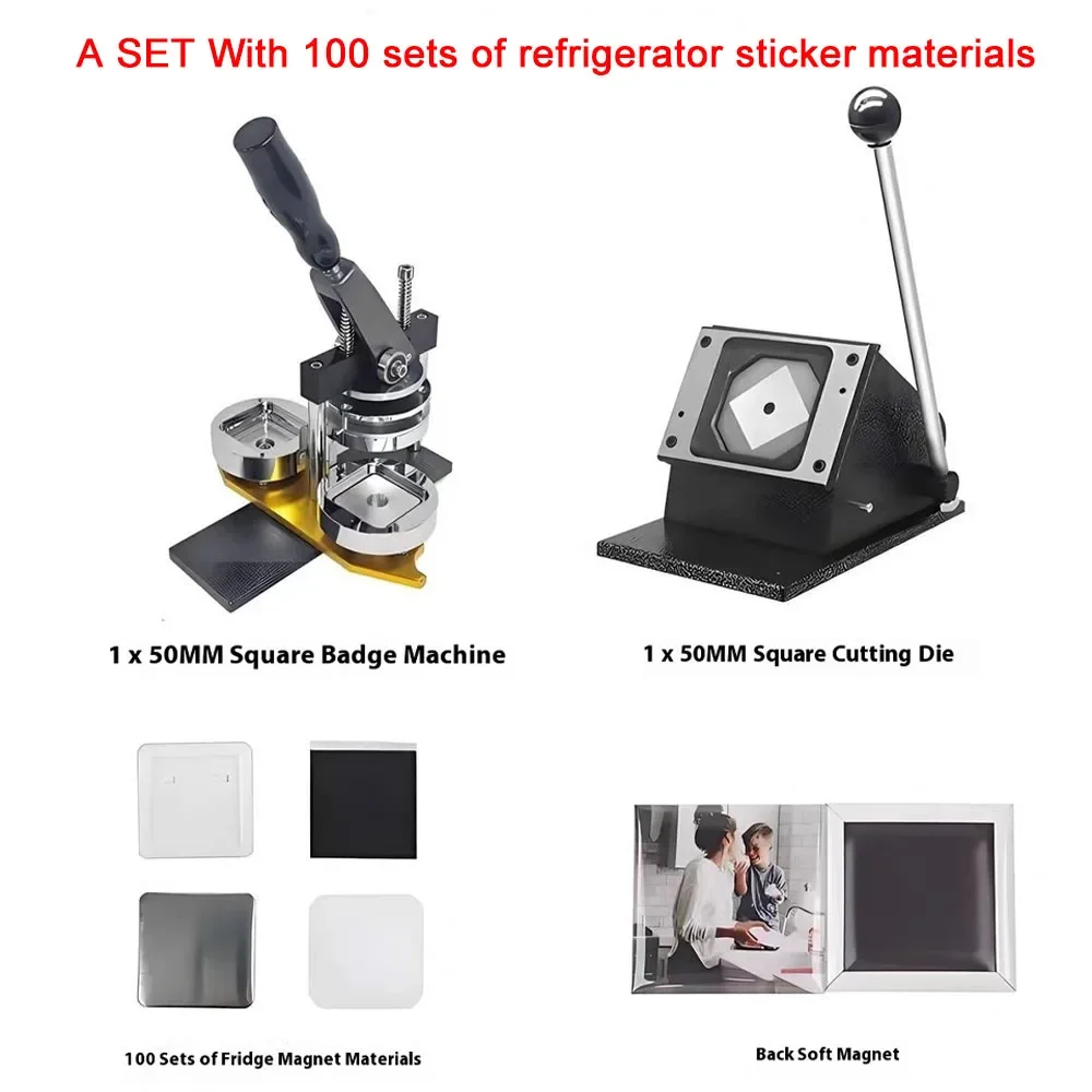 50x50mm Square Fridge Magnet Maker Machine DIY Button Badge Press Kit with Paper Cutter and 100pcs Consumables Supplies