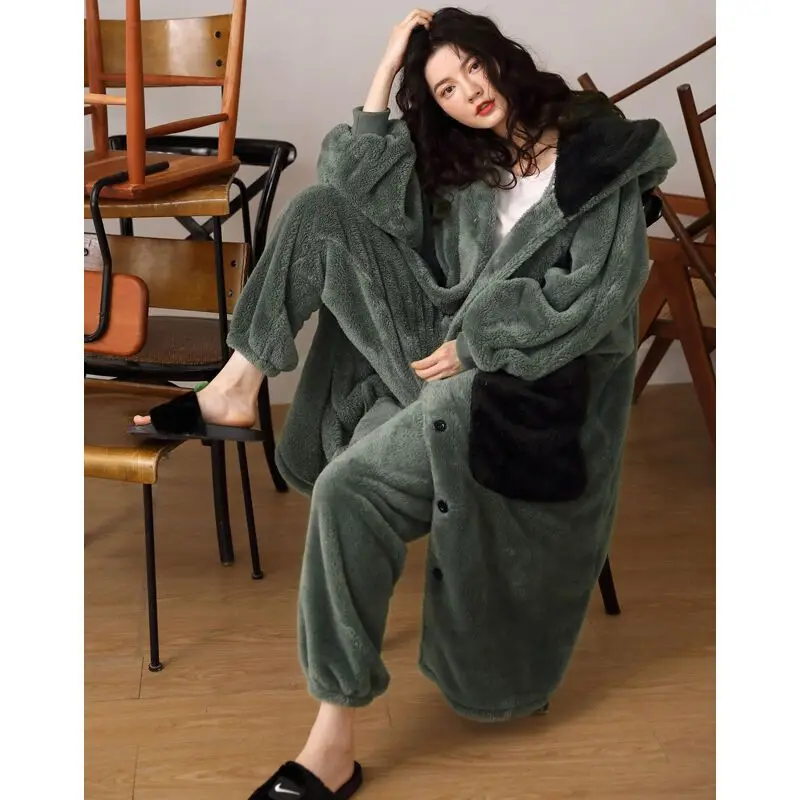 

long style Women's Nightwear Set winter Wearable as outerwear Sleepwear coral fleece homewear thicken keep warm robe pajama set