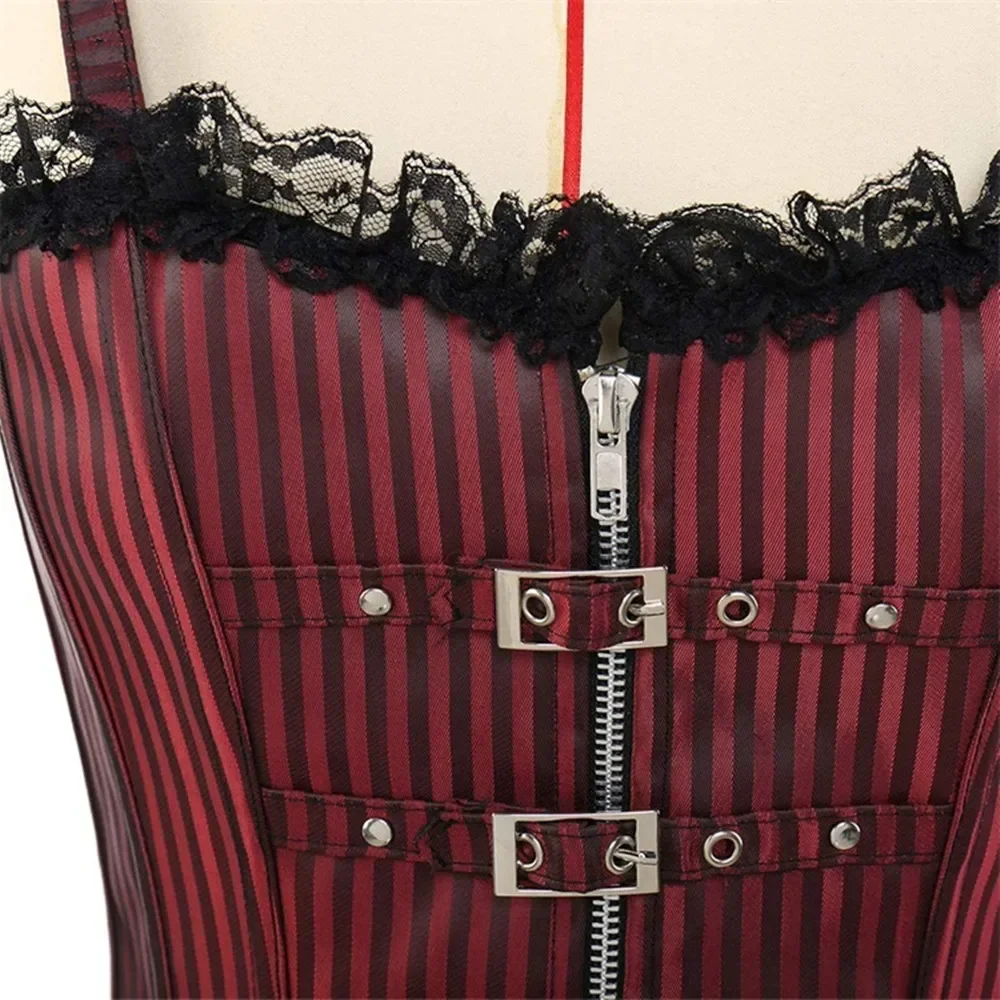 Corsé de Overbust gótico para mujer, corpiño Sexy a rayas con cremallera y hebilla Steampunk, Top, chaleco, ropa de estilo Punk Rock