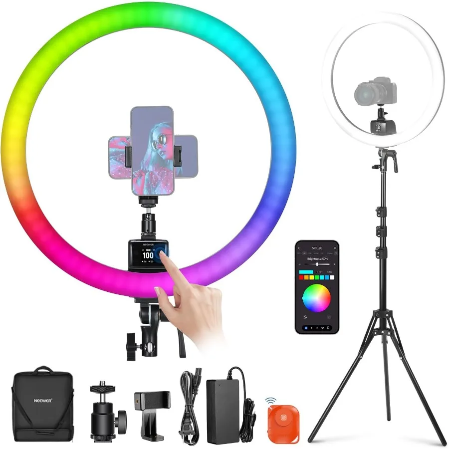 18 Inch RGB LED Ring Light Kit with Reversible Tripod Stand and App Control for iPhone Ultra Slim Design Ideal for Makeup Appli