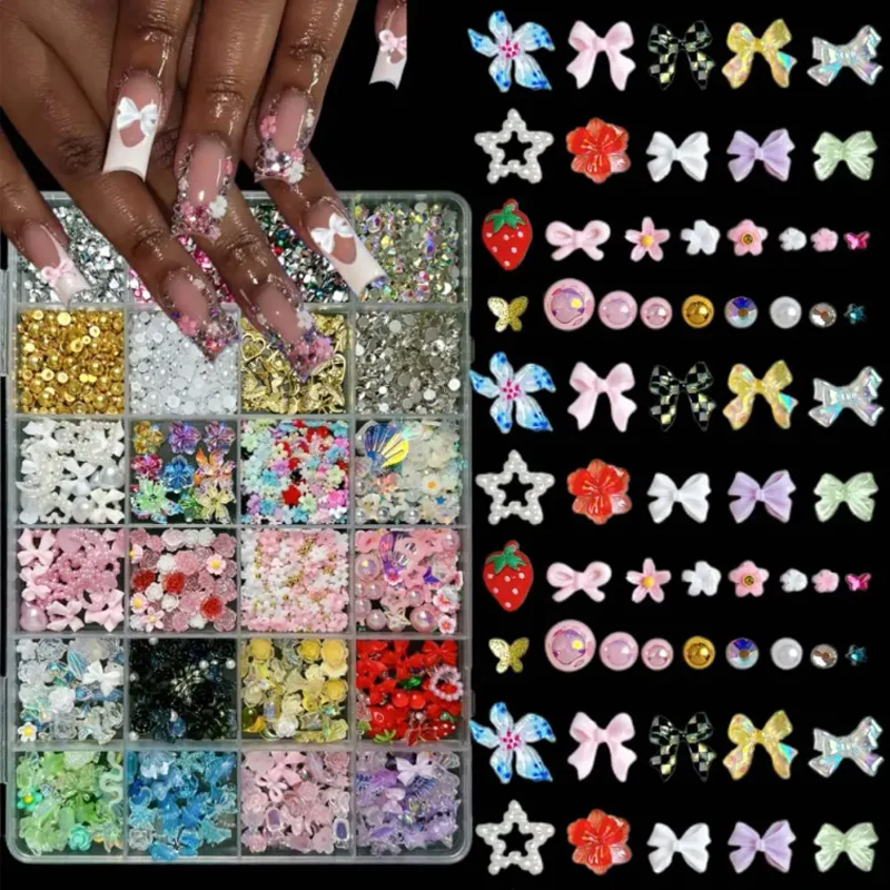 24-Compartment Resin Nail Art Set Mixed Charms Including Flowers Butterflies Heart Pearls DIY Nail Decor Supply Box for Manicure