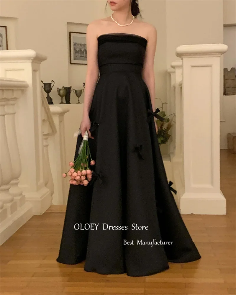 OLOEY Simple Black A Line Korea Wedding Photoshoot Dresses Strapless Bowknot Ankle Length Bridal Gowns Formal Party Dress