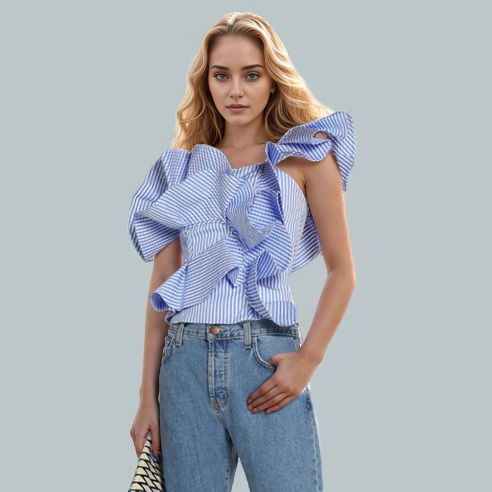 Patchwork Ruffles Shirts For Women Skew Collar Sleeveless Off Shoulder Irregular Hem Blouses Female 2024 Clothing Tide