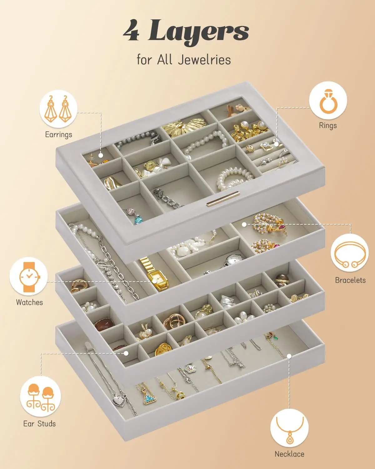 منظمات المجوهرات الكبيرة وصندوق تخزين، 4 طبقات لتنظيم المجوهرات قابلة للتكديس، غطاء شفاف للأدراج #3