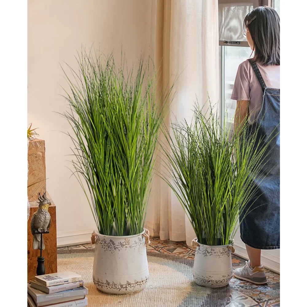 Grama de palheta artificial grande cebola falsa plantas de grama tropical plantas verdes folhas buquê grama pvc para jardim de casamento escritório