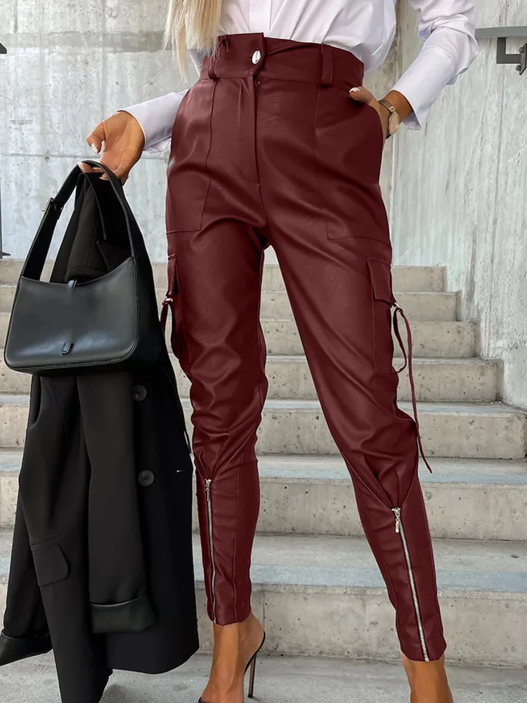

Women Patchwork Zipper PU Slim Fit Long Pants New Autumn Winter Female Casual Pencil Pants Mid Waist Streetwear Pockets Trousers