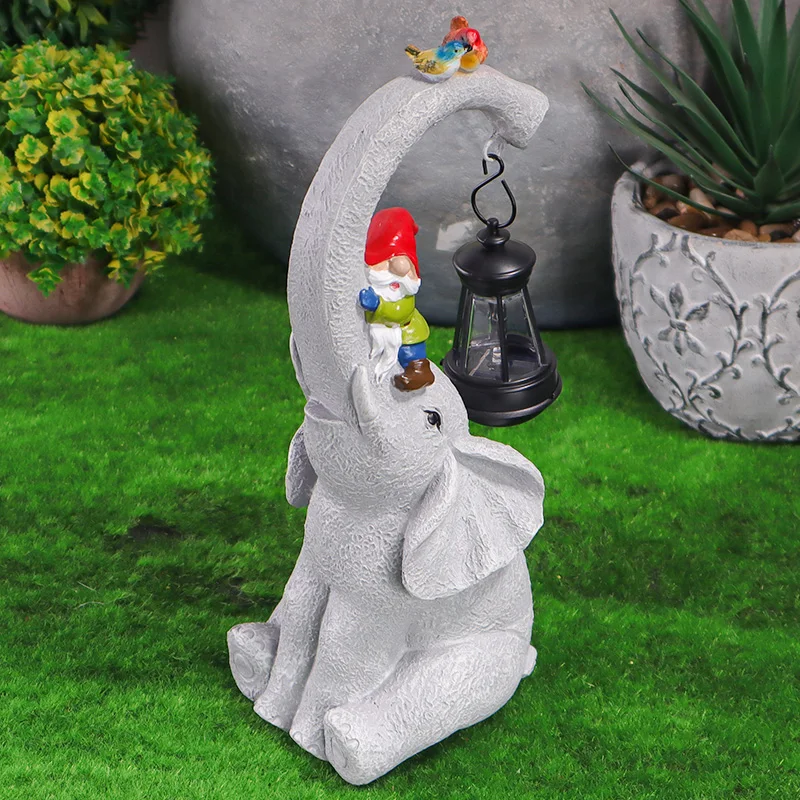 

Solar Powered Elephant Gnome Statue Light Outdoor Garden Decor Lamp Resin Figurine with Lantern for Patio Lawn Yard Ornament