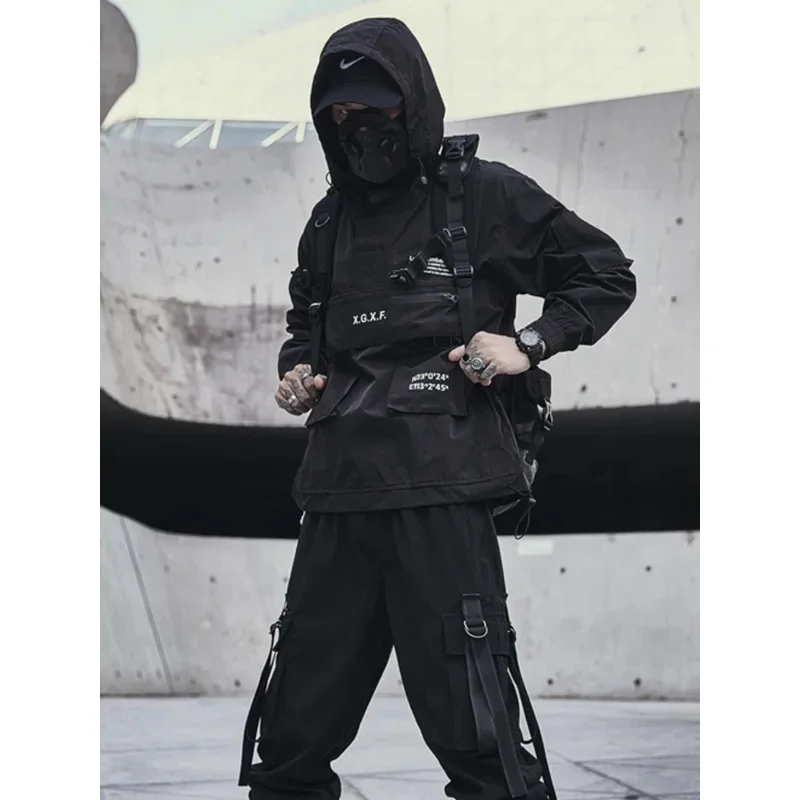 Chaqueta para hombre Techwear High Street Streetwear Sudadera con capucha negra bolsillo hombre mujer pareja primavera otoño moda nueva camiseta masculina a prueba de agua