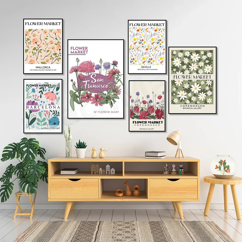 Flower market poster, Seville, Ibiza, Mallorca, Sydney, Covent Garden flower art, daisies, green garden poster, botanical art
