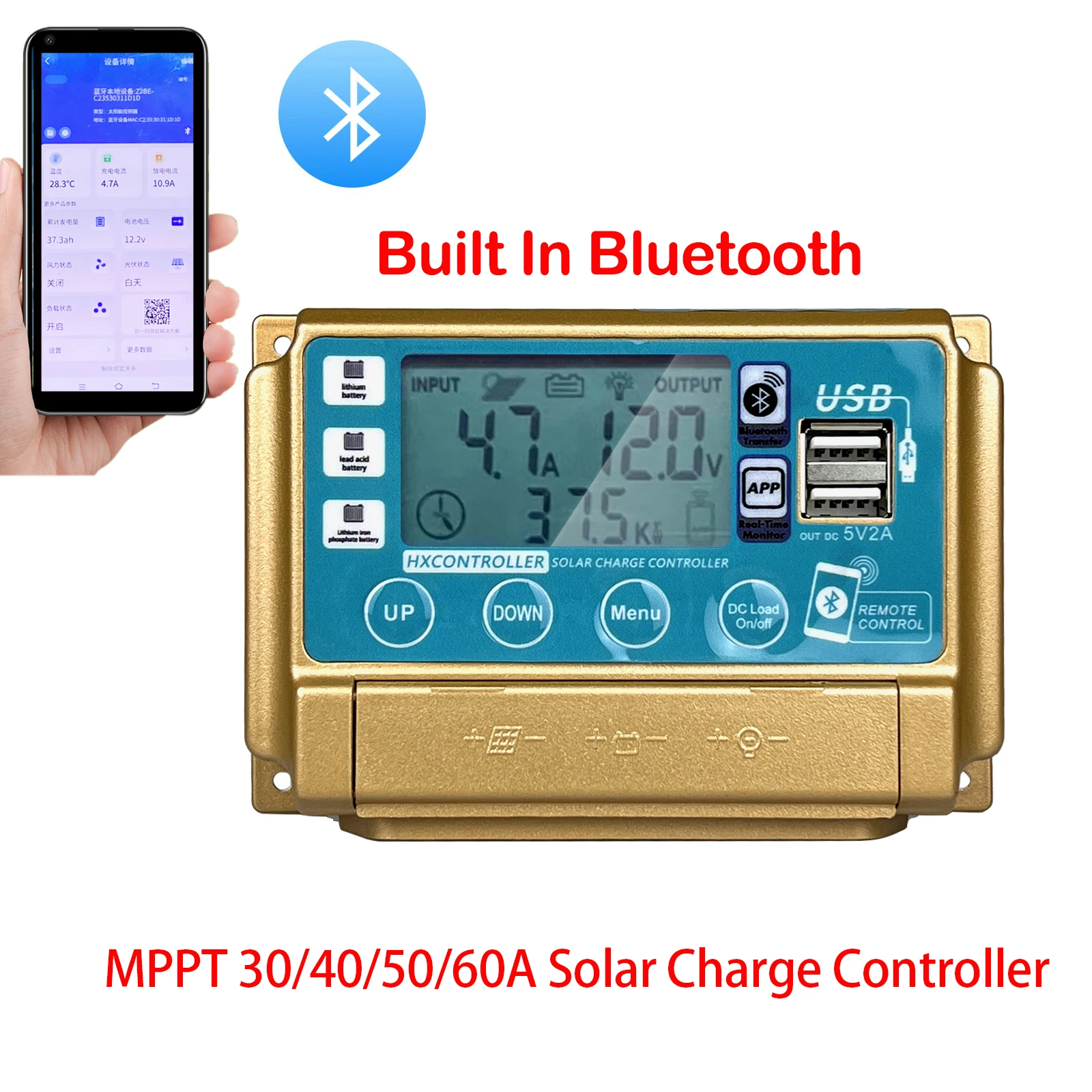 12V 24V 1440W 60A MPPT Solar Charge Controller Dual USB LCD Display Solar Cell Panel Charger Regulator with Bluetooth WIFI