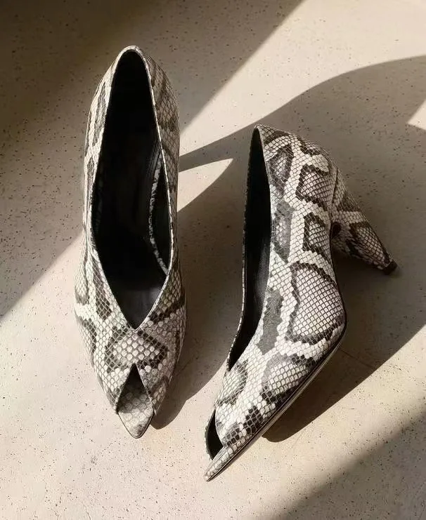 New Spring/Summer Women's Gray Snake Print High Heels Pointed Open Toe Notch V Cut Chunky Heel Sexy Elegant Daily Pumps
