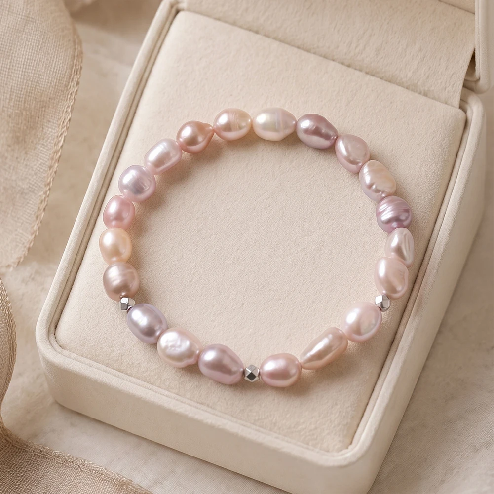 KISS MANDY 925 Sterling Silver Natural Pink Pearls Beaded Elastic Rope Bracelet Baroque Pearl Fashion Lady Accessories GPB62