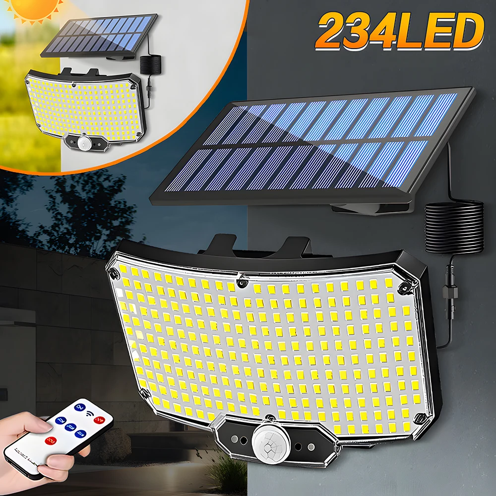 Lâmpada Solar de Parede LED 234 com Sensor de Movimento e Controle Remoto Infravermelho, 3 Modos, Luz Solar para Pátio, Varanda, Jardim e Quintal