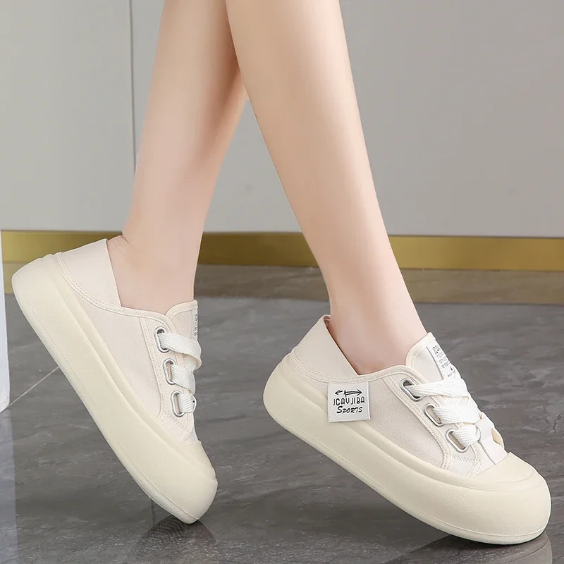 2024 Summer Women Canvas Shoes Breathable Comfortable Casual Flat Shoes  5CM Thick Bottom Vulcanized Shoes