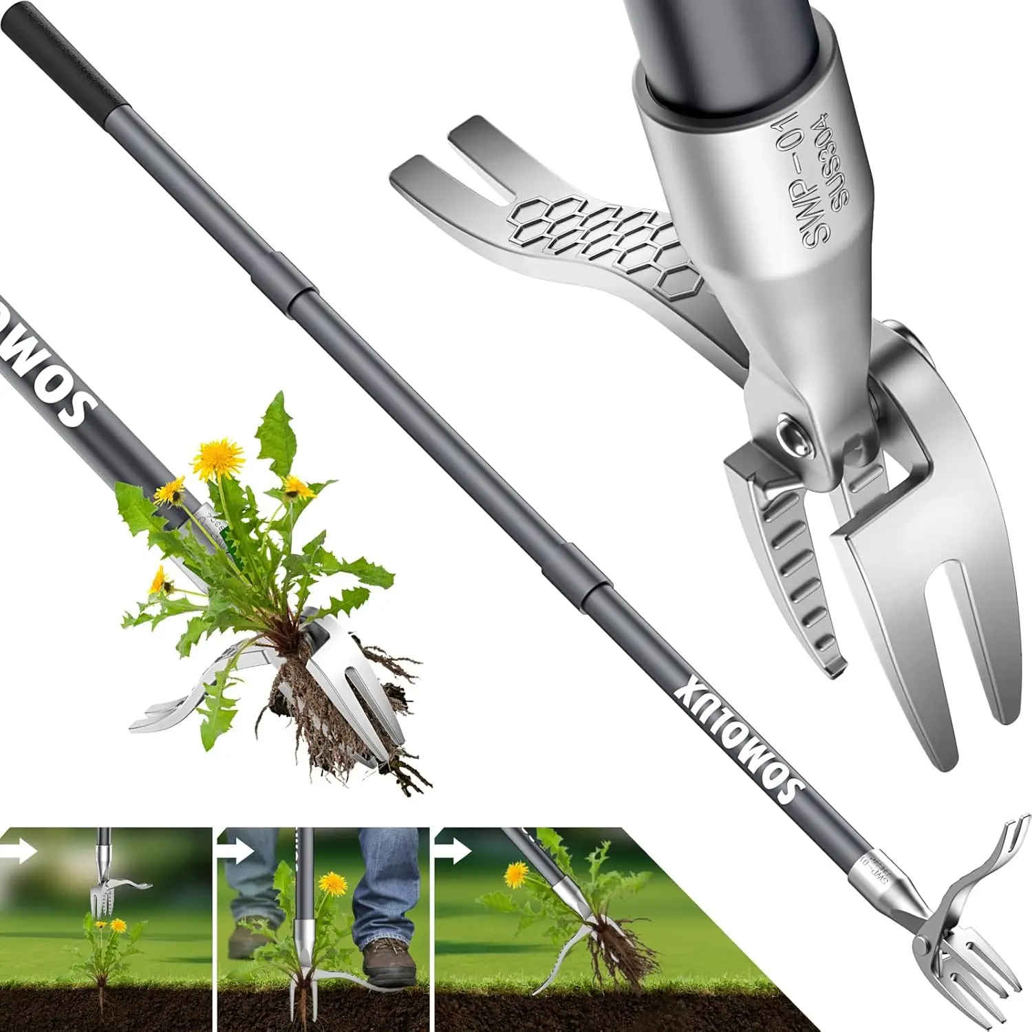 

52'' Weed Puller Stand-up Weeder Weeding Tool for Gardening Heavy-Duty Stainless Steel Claw Long Metal Handle Weed Remove Tool