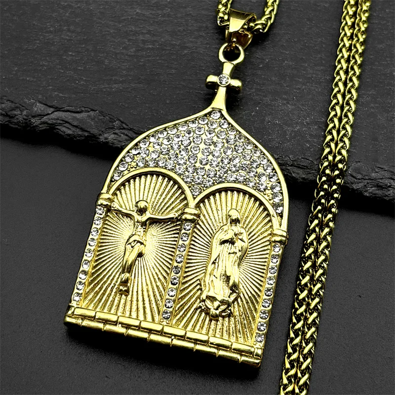 

Christian Jesus Cross Crucifix Virgin Mary Pendant Necklace for Women Men Stainless Steel Gold Color Crystals Chain Jewelry