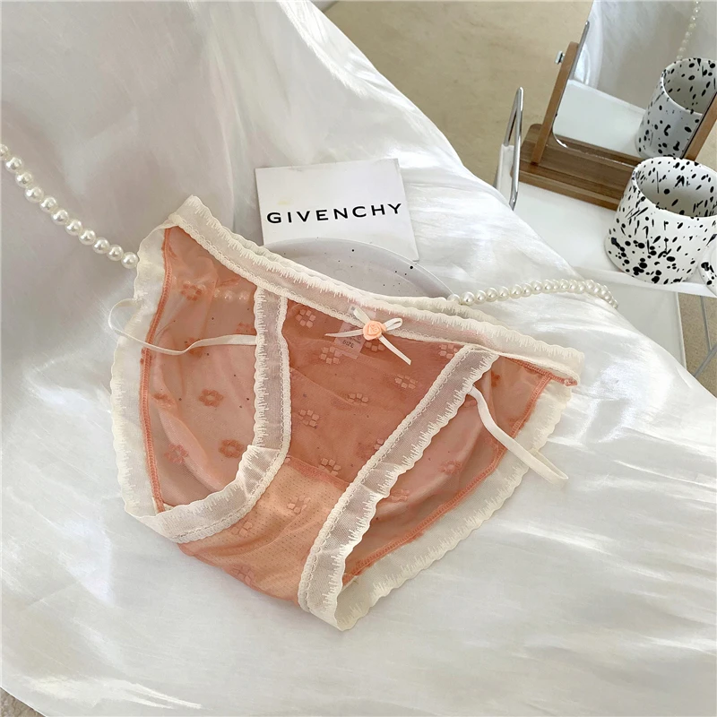 French pure desire wind high slit lace panties women\'s low waist rose mesh breathable briefs transparent jacquard underwear