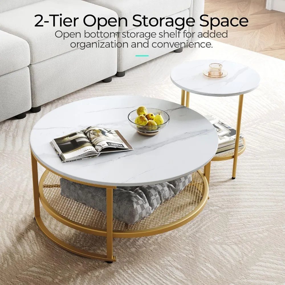 Modern Coffee Table With Open Storage Mesa Lateral Home Round Coffee Table Set of 2 for Living Room White and Gold Freight Free