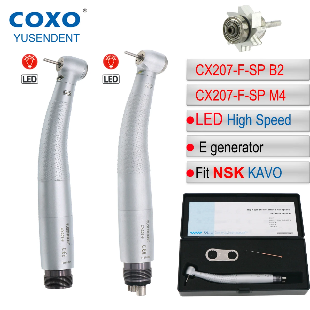 

COXO High Speed Handpiece CX207 2/4 Hole Dental Turbine LED Handpiece E Generator Standard Head Air Turbine Coupler Fit NSK KAVO