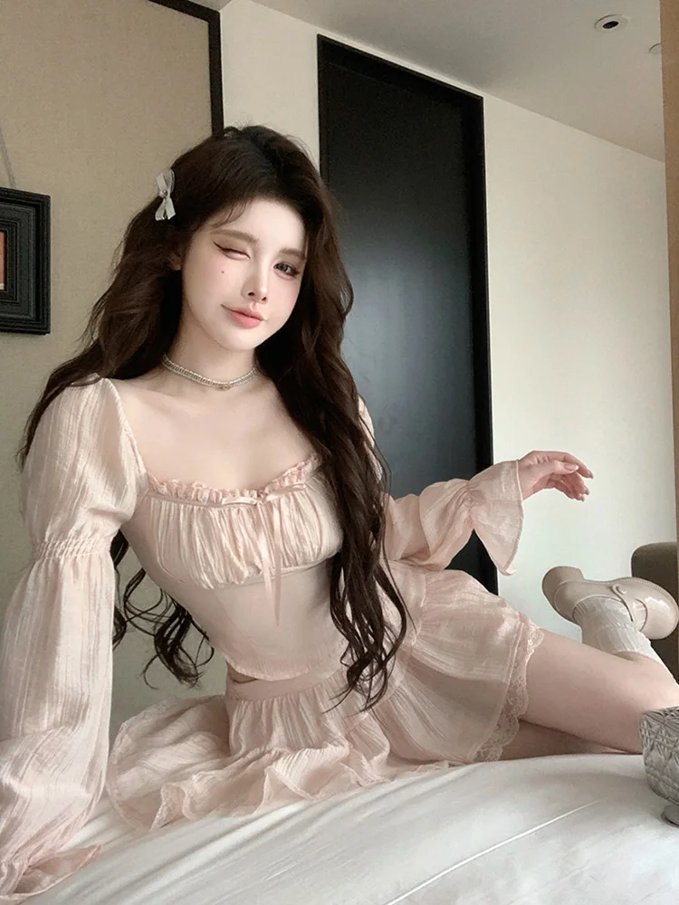 

Розовая юбка и топ с кружевной отделкой, комплект Pure Desire Girl Sle, женская осенняя коллекция Faion, лоскутный ансамбль