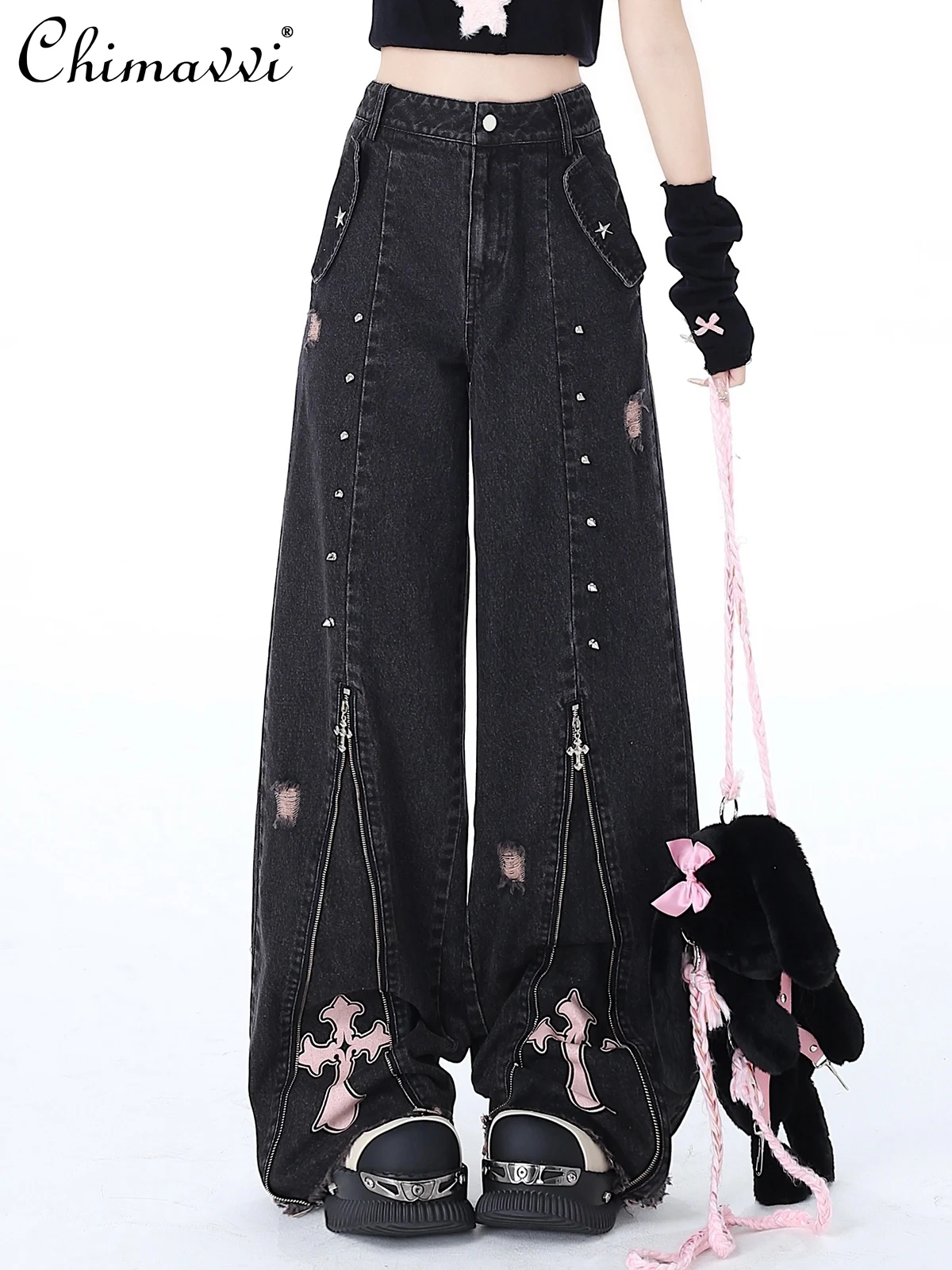 

Original Punk Sub-Culture High Waist Straight Jeans 2024 Spring Summer New Girly Style Loose Temperament Lolita Trousers Women