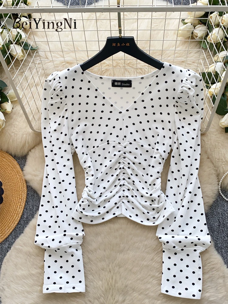 เสื้อเชิ้ตแฟชั่นผู้หญิงสไตล์เกาหลี ฤดูใบไม้ผลิ 2026 ลายจุด จับจีบ ทรงเข้ารูป แขนยาว เสื้อผู้หญิงสำหรับใส่ทำงาน ระดับไฮเอนด์