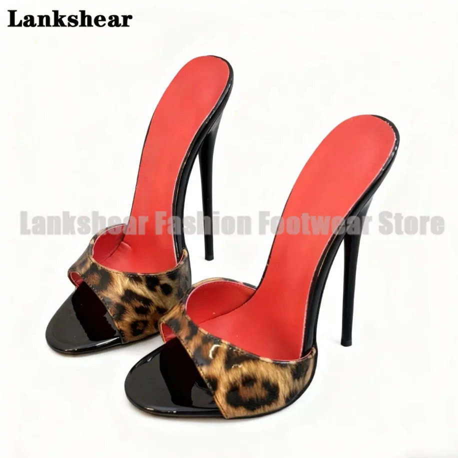 

14/16Cm Leopard Print Mules Slippers Slip On Stilettos High Heels Red Sole Patent Leather Women Shoes Sandalias De Mujer Verano