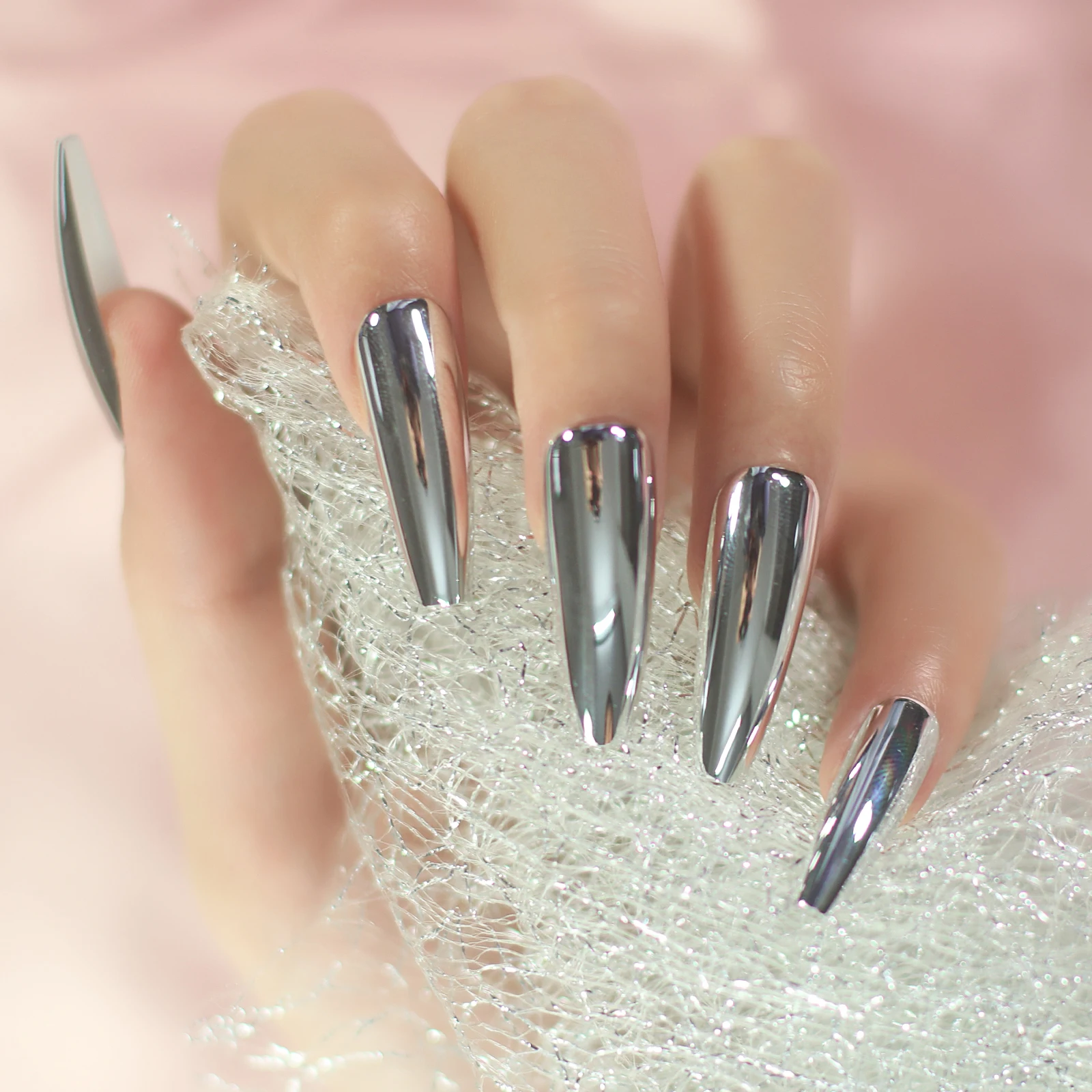 Silver Coffin Fake Nails Long Ballet Metallic False Nail Tips Solid Color Mirror Press On Nails Art Manicure At Home Salon Tools