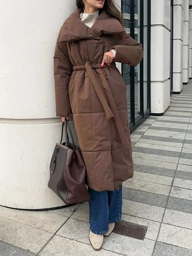 

New in Winter Women Loose Parkas Elegant Fashion Coats Oversized Warm Long Belt Puffer Jackets Ladies Cotton Padded Jacket