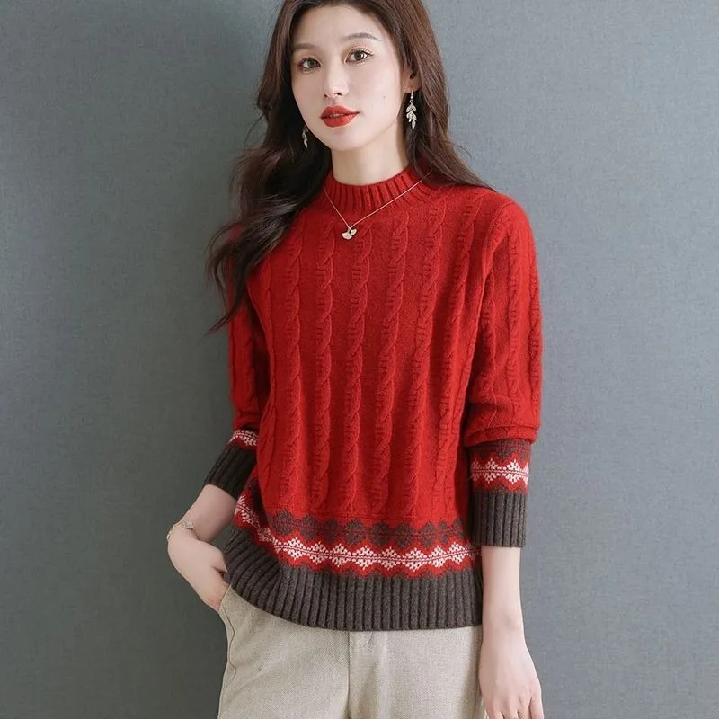 Color Blocking Jacquard Sweater Short Woman's Mock Neck Knitted Layer 2026 Autumn Winter High Waist Loose Slim Warm Base Shirt