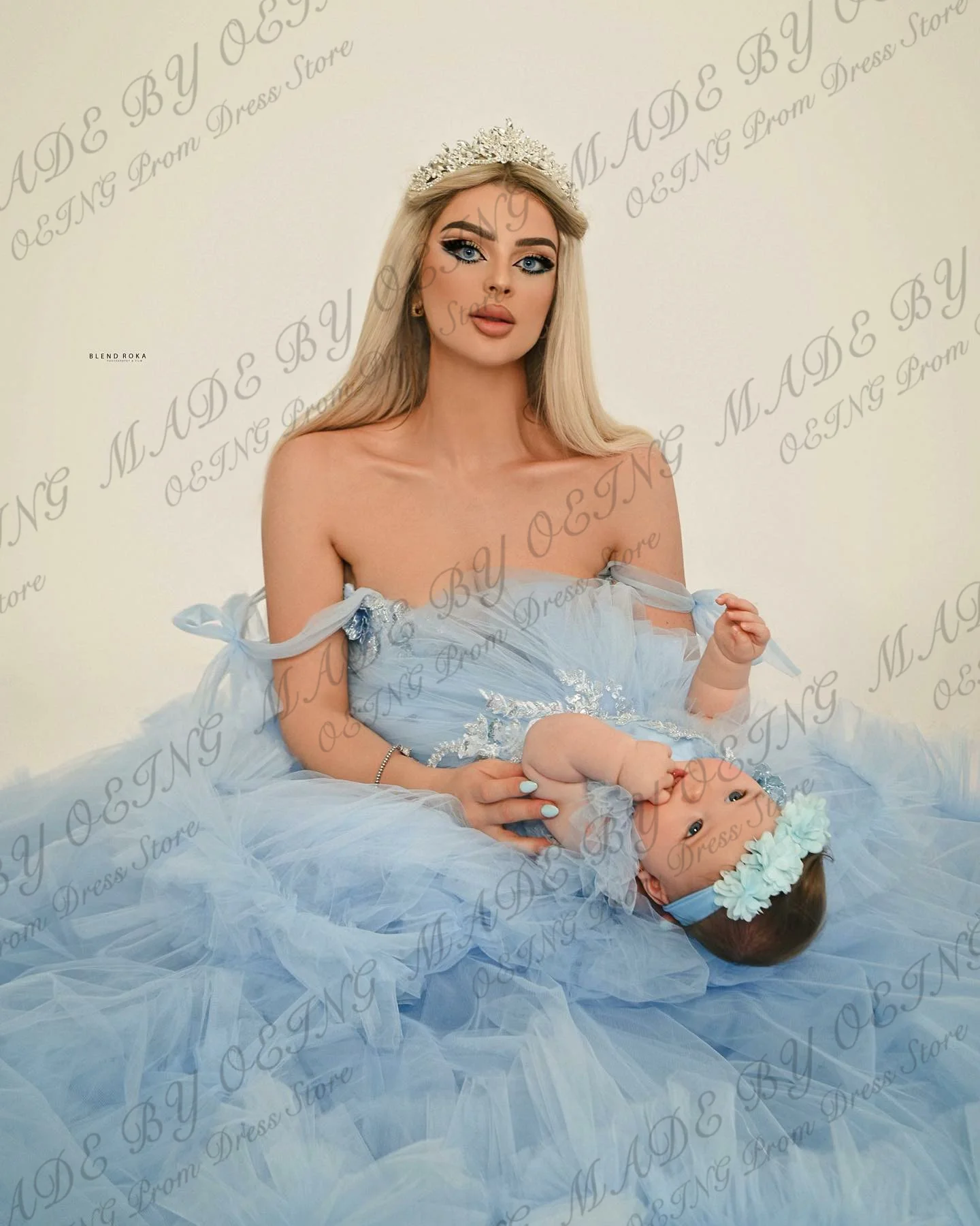 OEING Baby Blue Tulle Prom Dress Sweetheart Off The Shoulder Mother And Daughter Party Dresses Princess Photo Shoot Event Gowns