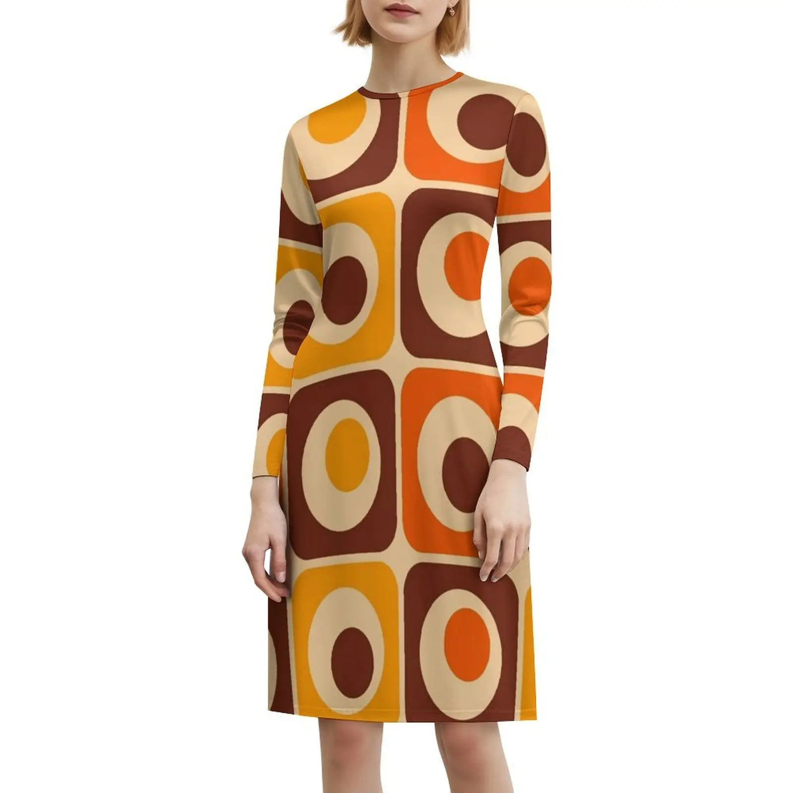 70S Retro Vintage Style Geometric Pattern Orange Brown Korean Style Dress For Women Elegant Casual Dress For Party Or Daily
