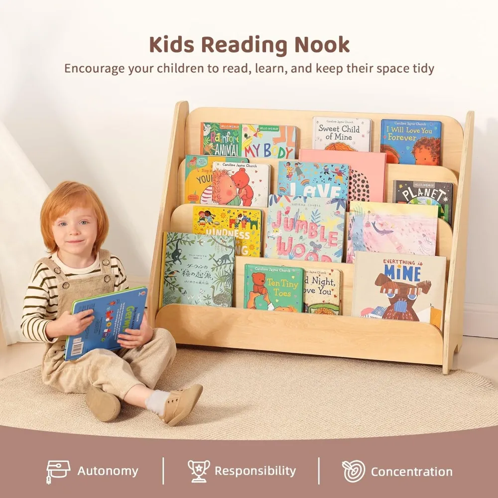 Scaffale per bambini, espositore per libri frontale in legno a 4 livelli per bambini, libreria Montessori per bambini per aula, sala giochi