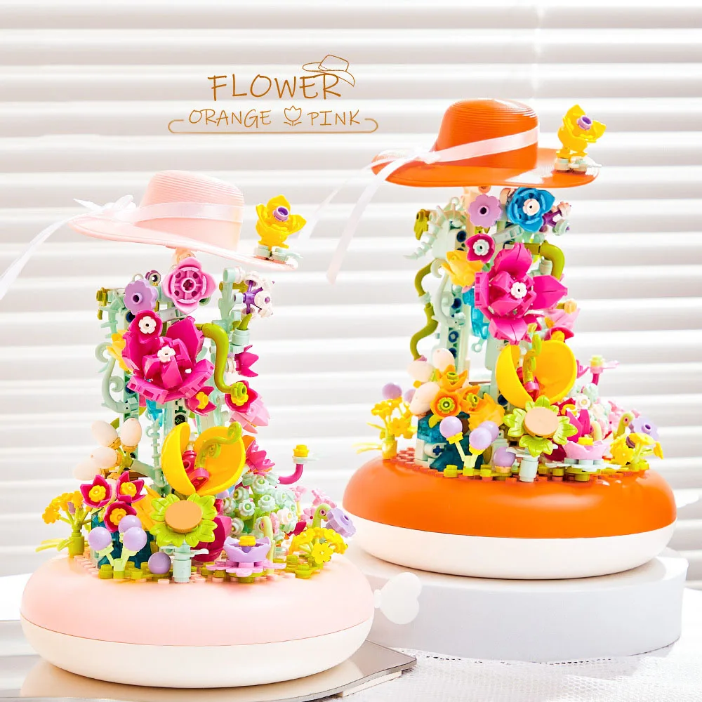 

Creative Idea DIY Building Brick Flower World Hat Music Box Construction Mini Block Assemble Model Educational Toy For Girl Gift