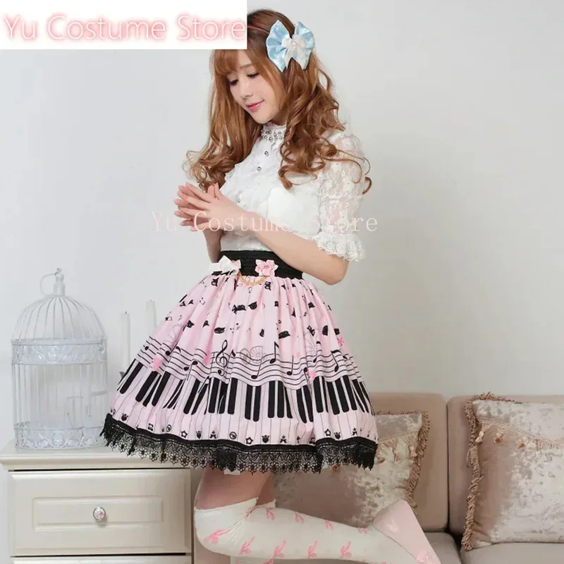 CyKawaii dulce niña rosa poliéster encaje Piano Keybord impreso falda Lolita falda rosa disfraz Yu