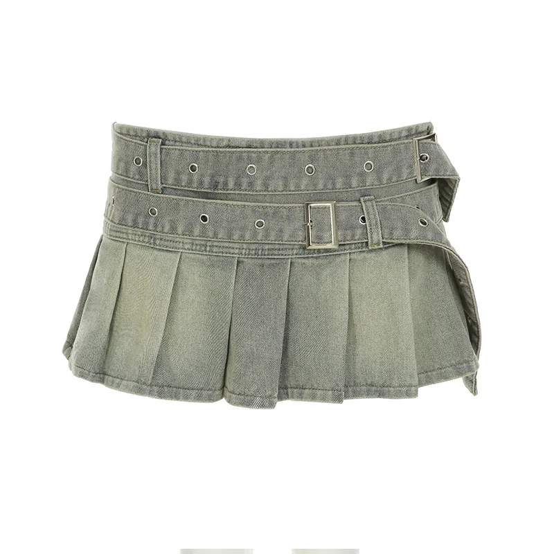 

Vintage Low Waist Mini Denim Skirt 2025 Summer Fashion Square Buckle Big Belt Pleated Skirt