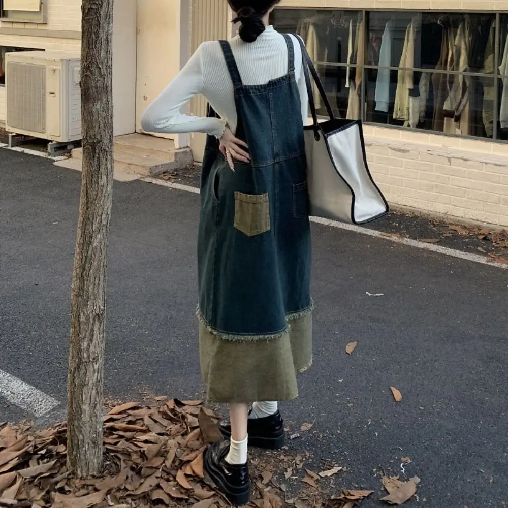 

Simple Patchwork Cowboy Overalls Dress Sleeveless Loose Denim Dress Women Retro Chic High Waist Long Skirt Summer/Fall