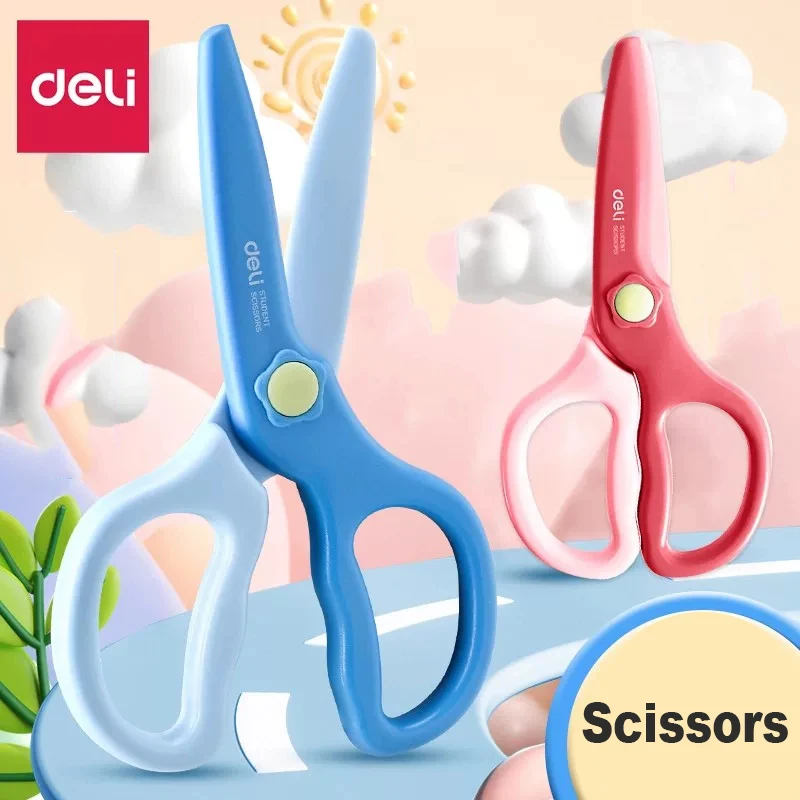 Deli 1/2pcs Cartoon Scissors Safety Children's Scissors 120mm for Kids Craft Portable Student Art Paper Cutting Plastic Scissors